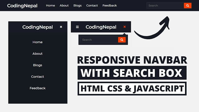 Responsive Navbar with Search Box using HTML CSS & JavaScript